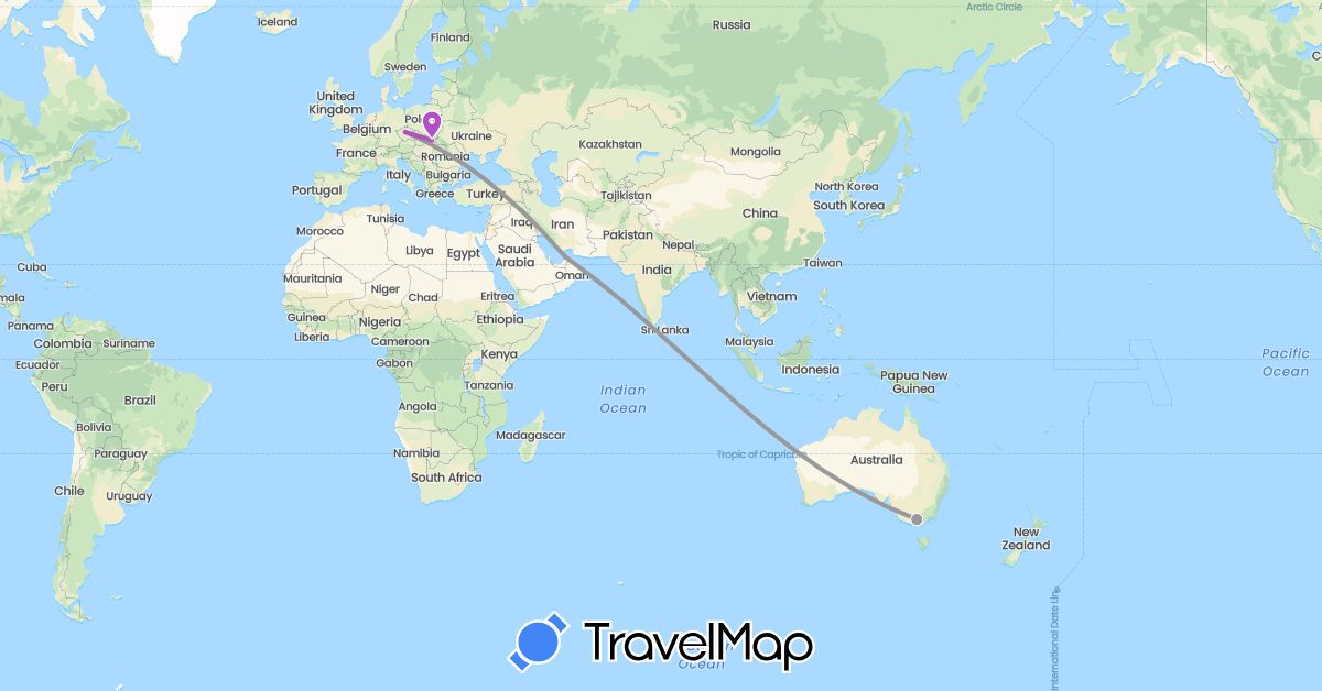 TravelMap itinerary: plane, train in United Arab Emirates, Australia, Czech Republic, Slovakia (Asia, Europe, Oceania)